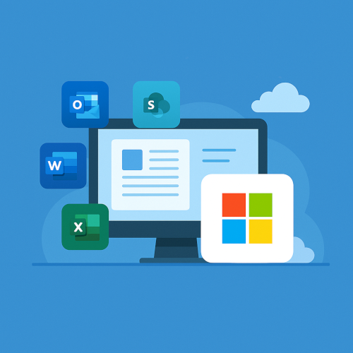 MS_Familiar_Productivity An illustration features a computer monitor displaying a document, surrounded by icons for Microsoft Outlook, Word, Excel, and SharePoint. The Microsoft logo is prominently displayed in front of the monitor. The background is blue with cloud shapes, representing familiar productivity tools and cloud integration in the Microsoft 365 ecosystem.