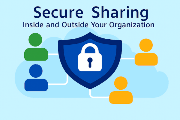 MS_Secure_Sharing_500 A blue shield with a padlock icon is centered below the text “Secure Sharing Inside and Outside Your Organization.” The shield is connected by white lines to five stylized person icons—two in green and blue on the left, and three in orange on the right—representing secure sharing between people both inside and outside an organization. The background features light blue tones and cloud shapes.