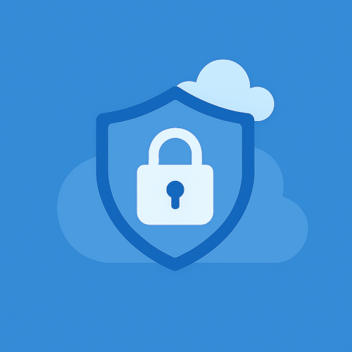 A blue shield with a padlock icon is centered against a blue background, with cloud shapes behind it. The image represents strong cloud security and data protection.