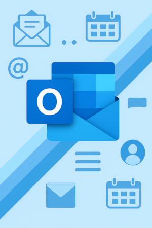 Outlook_PortraitGraphic_300 An illustration features the Microsoft Outlook icon in the center, with surrounding icons representing email, calendar, contacts, and messaging. The background is light blue with diagonal stripes, and the icons are arranged to highlight Outlook’s integration with communication and scheduling tools.